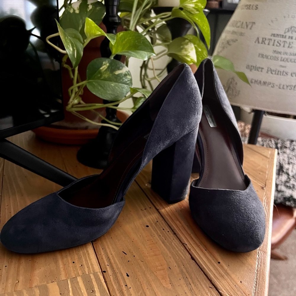 Round Toed Navy Blue Faux Suede BCBG Chunky Heels